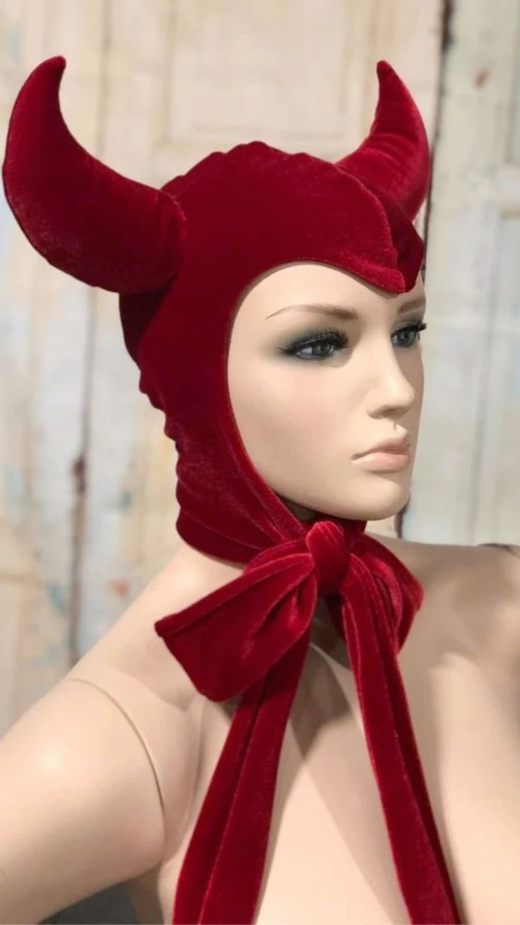 Men Accessories Hat - Vintage Little Devil Red/Black Velvet Hood